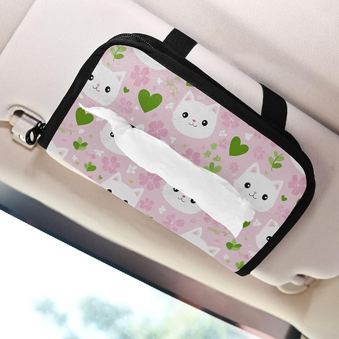 Car Tissue Holder Car Napkin Holder Car Tissue Box Dispenser Storage Case Sun Visor Mask Holder with Adjustable Straps Reusable Refillable Pink Cute Sakura Cat Faces Hearts