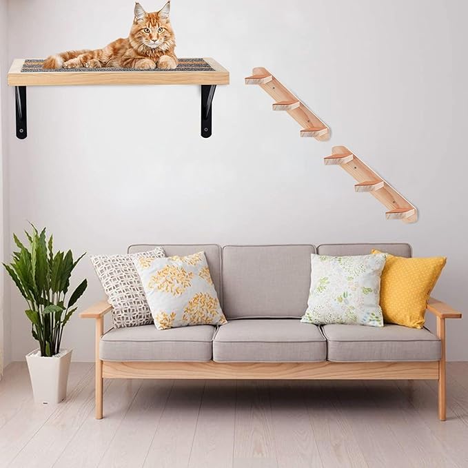 Purife Handcrafted Wood Cat Wall Floating Shelf - Indoor Wall Mounted Cat Perch & Shelves, Window Sill Hammock Seat Bed, Climbing Steps for Relaxing, Playing and Scratching