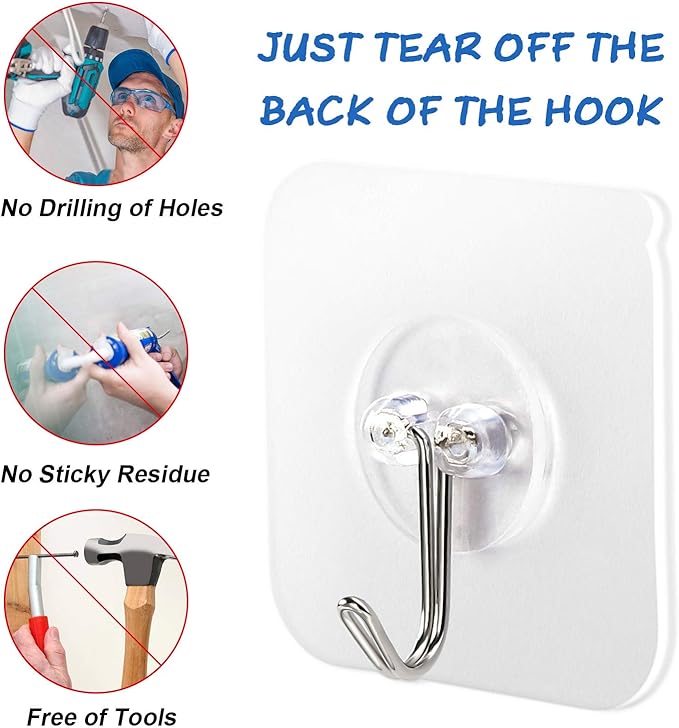 AROIC 58 Packs Adhesive Hooks for Hanging, Hook Heavy Duty Self Adhesive Wall Hooks 20 lbs / 9 kg (Max), Removable, Waterproof Hook for Bedroom Kitchen Bathroom