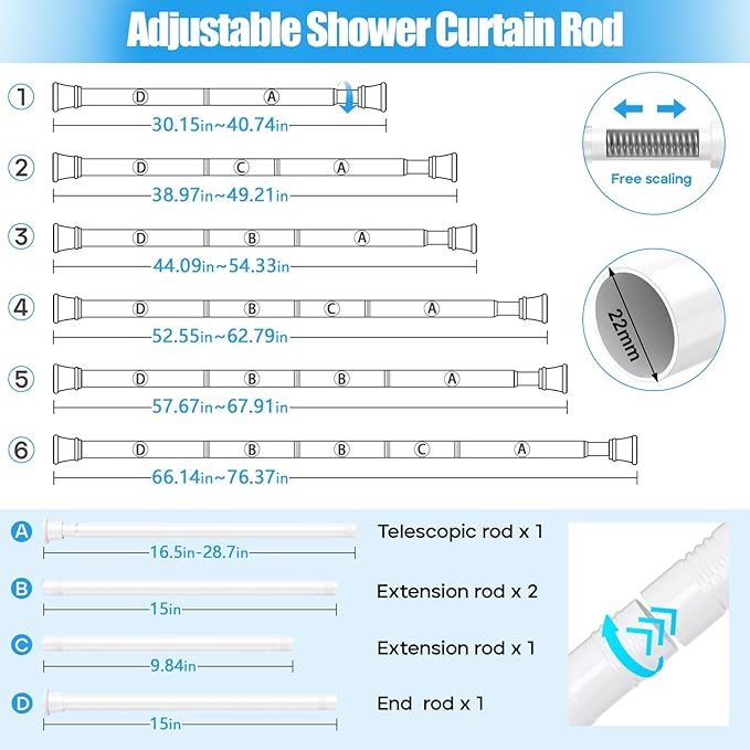 1pack Shower Curtain Rod 30-76 inch White Tension Rod Shower rod Non Slip Adjustable Curtain Rods No Drilling Tension Curtain Rod Shower Rods for Bathroom Windows Closet