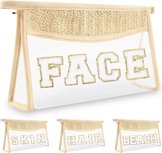 Boho Clear Makeup Letter Patch Makeup Bag FACE Pouch, Clear Toiletry Bag Travel Small Cute Preppy Chenille Letter Cosmetic Zipper Pouch Purse, Transparent Waterproof Makeup Clutch Bag for Women(FACE)
