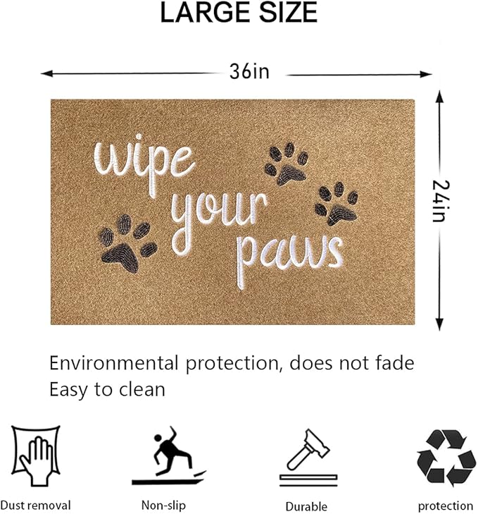 Large Welcome Door Mat Indoor Wipe Your Paws Doormat Front Back Door Indoor Dog Paw Door Mat Porch Entrance Anti-Slip Floor Mat with Durable Rubber Brown 24x36 Inch