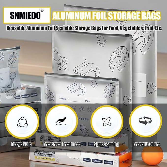 Reusable Aluminum Foil Sealable Storage Bags - Freezer Ziplock Bags - Foil Sealable Bags for Food, Vegetables, Fruit, Meat, Snacks, Bread, Seafood Preservation
