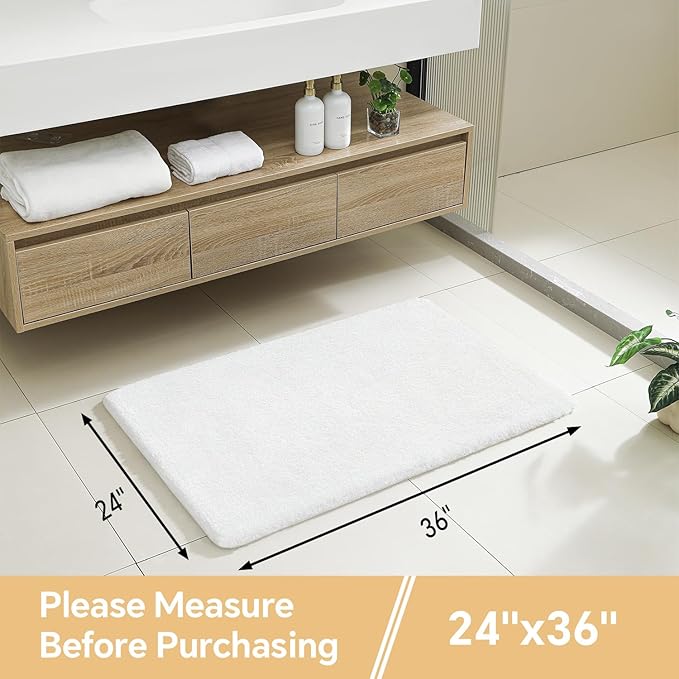 White Bathroom Rugs 24"x36" - Fluffy Microfiber Bath Mat, Non Slip and Absorbent Bathroom Floor Mat, Machine Washable Plush Rug - Ideal for Tub, Cabinet or Washroom
