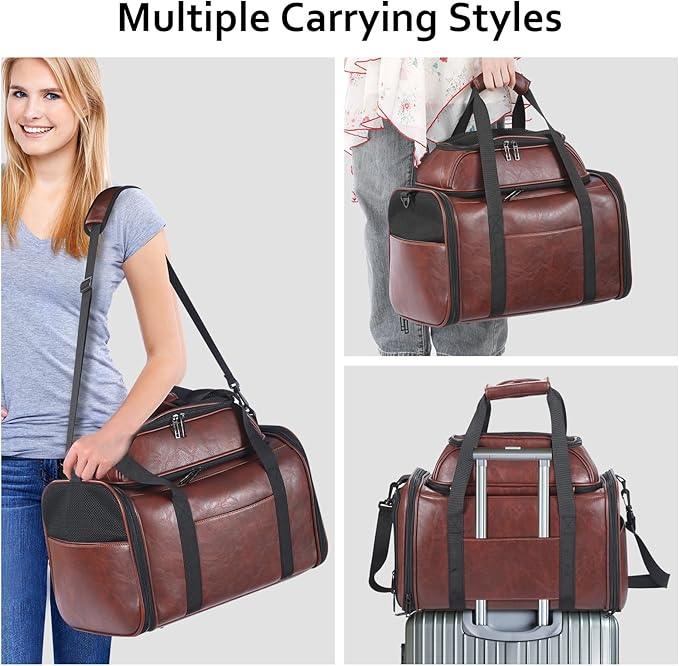 Bosnanller Premium Leather Top Expandable Pet Carrier for Small Dogs & Cats Under 15 lbs, Airline Approved Collapsible Soft-Sided Luxury Travel Bag Coffee