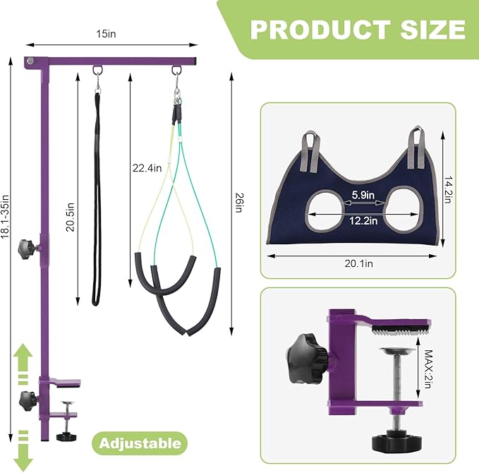 Home Dog Grooming Table Arm with Hammock 35" Height Adjustable Dog Grooming Arm with Clamp No-Sit Haunch Holders Durable Purple(Grooming Table Not Included)