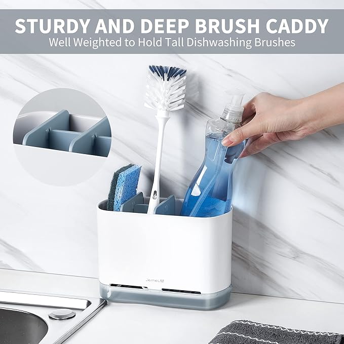 JOMOLA Dish Brush Caddy for Kitchen Sink Toothbrush Holders for Bathrooms Sink Sponge Holder Kitchen Counter Scrub Soap Brush Organizer Sinkware Caddy with Drain Tray Dividers (Gray)