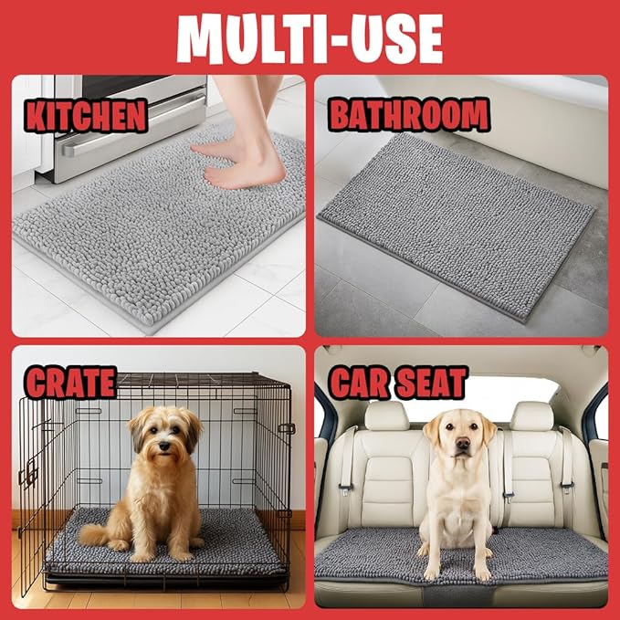 MudGuard Mat™ Dog Door Mat for Muddy Paws, Super Absorbent Microfiber, Non-Slip Indoor Mat, Quick Dry Chenille Mud Mat for Dogs & Entryway, Washable, Grey 24" x 60"