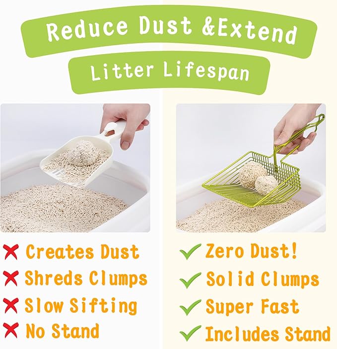 DHXYZZB Metal Cat Litter Scoop with Holder - Heavy Duty Litter Scooper & Speed Sifter with Comfortable Wood Grip - Washable Convenient Stand for Easy and Efficient Cleaning