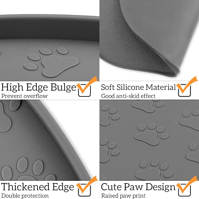 KPWACD Pet Feeding Mat for Dogs and Cats, Silicone Dog Placemat Non-Slip Waterproof Bowl Mats Prevent Food and Water Overflow, High-Lips Puppy Dish Tray Mat Suitable for Large Medium Small Pets, Grey