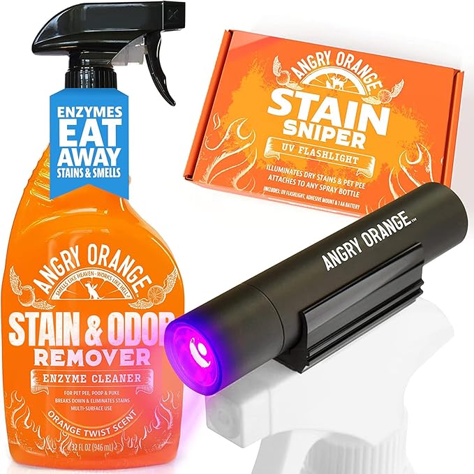 ANGRY ORANGE Pet Stain & Odor Remover Kit for Dog Urine - Enzyme Cleaner - Citrus - 32 oz + UV Flashlight
