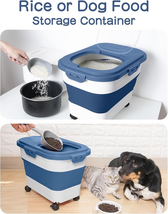 DDMOMMY 20-30 Lbs Rice Storage Container,Collapsible Food Storage Containers with Rolling Wheel Airtight Locking Lid,Flour Storage Container with Cup and Scoop,Suitable for Food,Rice,Pet Food,Flour