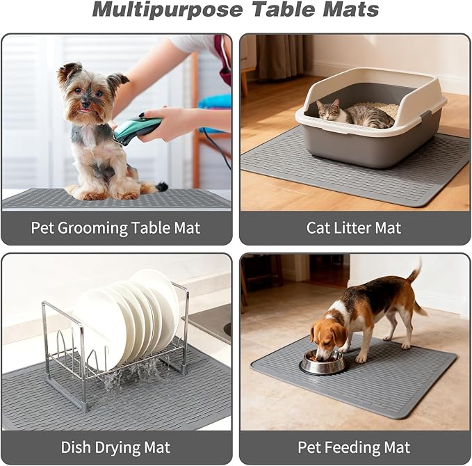 Dog Grooming Table Mat Pad Non Slip, Multipurpose Soft Pet Grooming Table Mats at Home, 28 x 19.7 Inch Silicone Durable Anti-Fatigue Groomer Mats Paw Protection Easy-Clean Cat Dog Bath Mat (Grey)