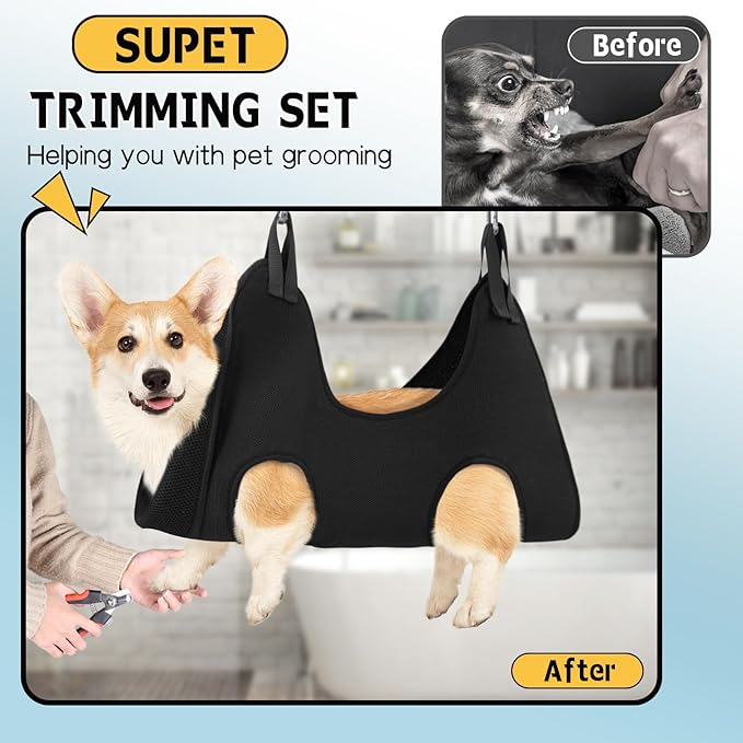 Supet Dog Grooming Hammock Harness for Dogs Cats, Relaxation Pet Nail Clipper Hammock, Restraint Dog & Small Animal Leashes Sling for Groomingk for Nail Trimming (Black, S)