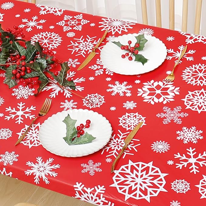 misaya Rectangle Vinyl Tablecloth, Fitted Table Cover, 100% Waterproof, Elastic Edge, Flannel Backing, Plastic Table Cloth Fit 6 Foot Folding Tables for Christmas Dinner (Red Snowflake, 30x72 inch)