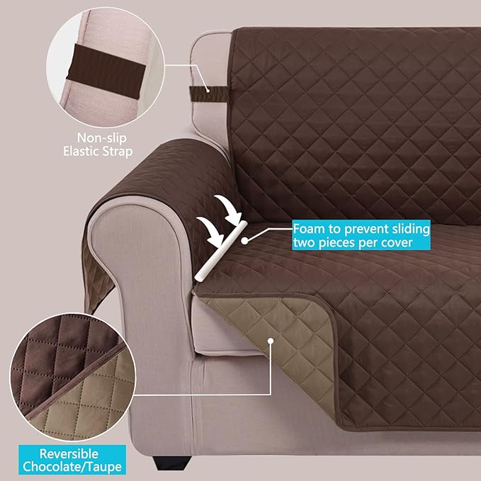 U-NICE HOME Recliner Chair Covers Reversible Chair Cover Pet Covers for Dogs with Elastic Straps Water Resistant Diamond Quilted (23''Armchair, Chocolate/Taupe)