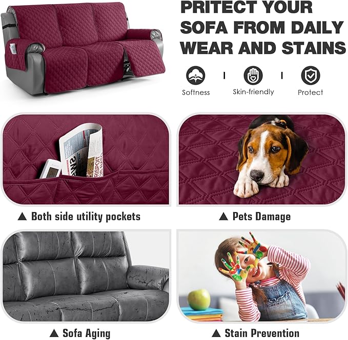 TAOCOCO 100% Waterproof Recliner Couch Covers, Recliner Sofa Covers with Leg Straps, 1-Piece Washable Reclining Sofa Cover with Pocket Couch Protector for Pets Kids(3 Seater, Wine)