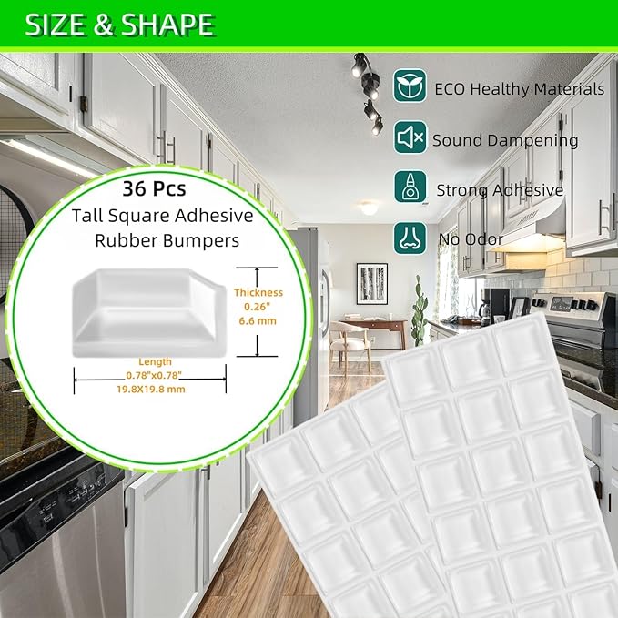 Furnigear Rubber Feet Self Adhesive Rubber Pads Door Bumpers Large - Stick on Rubber Feet for Electronics, Speakers, Furnitures, Appliances, Audio Equipment, Laptop - Tall Square (36pcs), Transparent