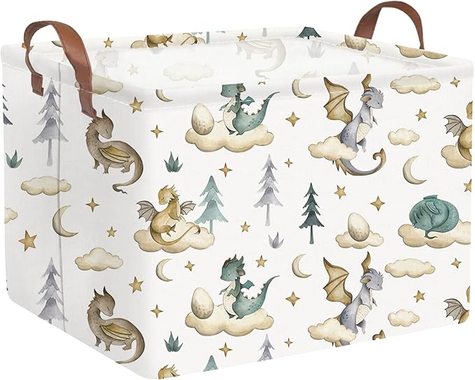 FXOCSHE Rectangular Dinosaur Baskets,Watercolor cute dragon fairy tale kids nursery basket,Cloud moon star dragon egg laundry basket for kid,Toys Box,Dinosaur Room Decor(Cute dinosaur)