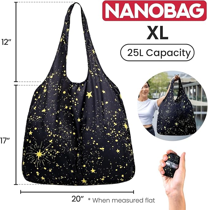Nanobag Ultra-Lightweight Heavy Duty Foldable Tote for Women & Men, Reusable Grocery & Travel Bag, Packable Collapsible Compact Market Essential (XL Stars)