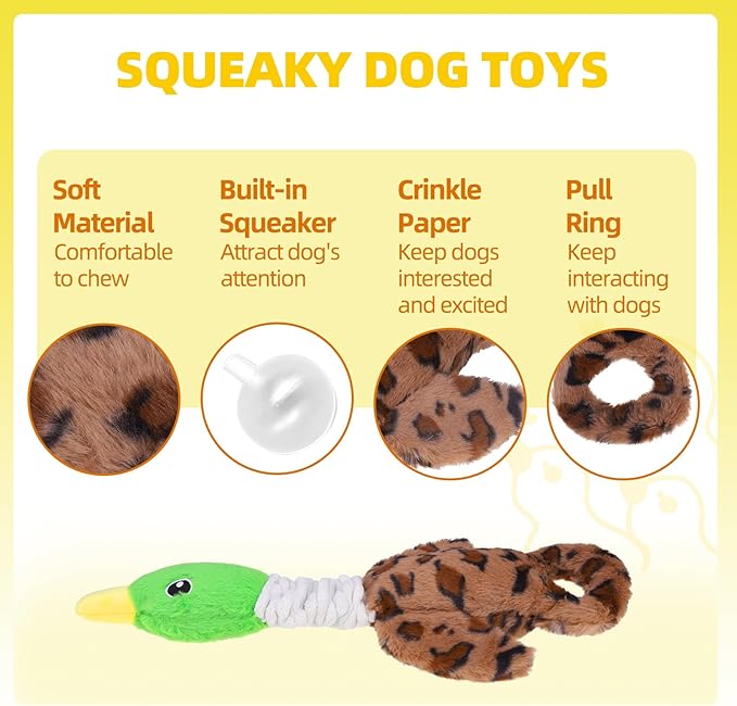 Mihachi Squeaky Dog Toys, Plush Stuffed Puppy Toys with Crinkle Paper-Tug of War Dog Toys for Small, Medium and Large Dogs Duck Interactive Squeaky Pet Toys to Keep Them Busy, Wild Duck