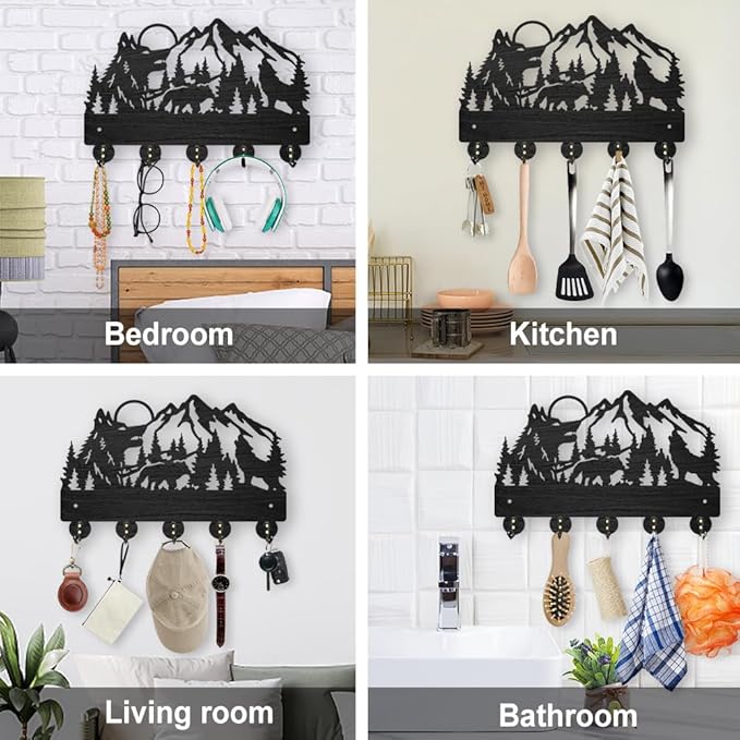 MAYJOYDIY Wood Wolf Forest Coat Rack Wall Mount Mountain Tree Key Holder for Wall Animal Sun Wall Hook 11.8×7.9inch Decorative Bear Hook 5 Alloy Hooks for Gift Entryway Living Room Farmhouse Cabin