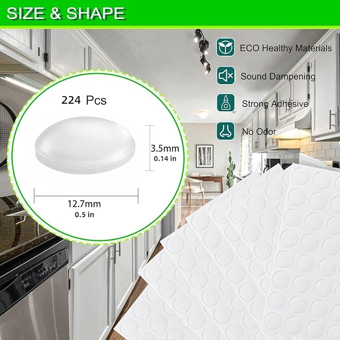 Cabinet Bumpers Soft Self-Adhesive Clear Rubber Bumper- Cabinet Door Dots Clear Stoppers Furniture Noise Reducing Silicone Rubber Pads Extremely Durable(224Pcs)