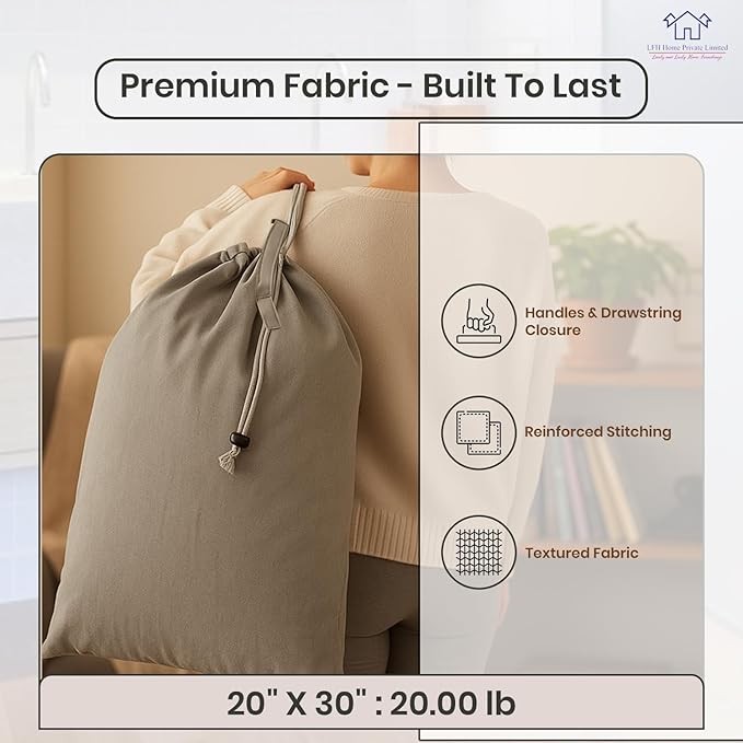 LFH Home Cotton Canvas Large Laundry Bag with Handle, Heavy Duty Drawstring Closure Washable Laundry Bags, School Travel, Home, Hotel, College Dorm, Organizer Sack, Toys 20x30-Grey, Thanks Giving