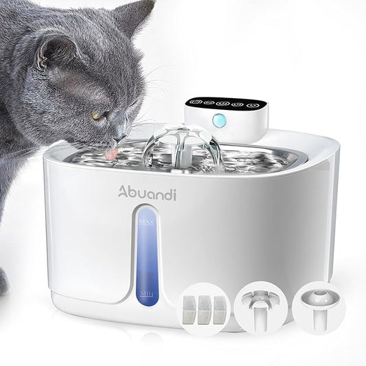 Cat Water Fountain for Drinking with Stainless Steel Lid, Pet Water Fountains 3.2L/108 OZ Automatic Water Dispenser Bowl with Filter Pump Spout for Indoor Pets, Rechargeable