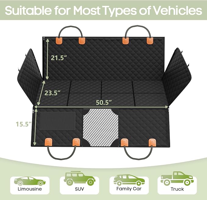 Dog Car Seat Cover for Back Seat, Hard Bottom Back Seat Extender Supports 400lbs, Waterproof Rear Seat Pet Cover, Dog Hammock with Mesh Window for Car SUV and Trucks