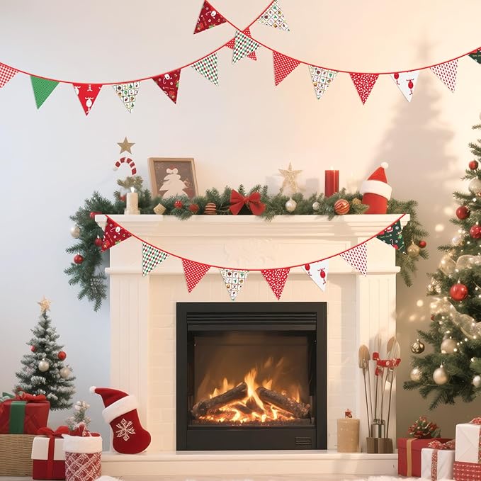 G2PLUS Christmas Triangle Bunting Banner, 39Ft Cotton Pennant Banner, Reusable Multicolor Fabric Bunting Garlands for Holiday Party, Indoor Outdoor Home, School, Church Decorations