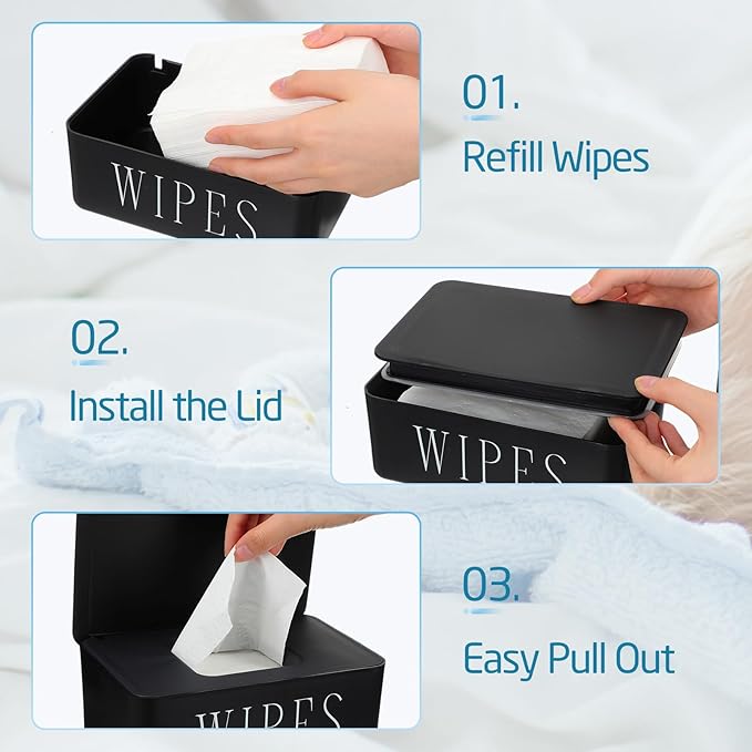 Singhoow 3 Pack Baby Wipes Dispenser Holder Wipe Container for Bathroom with Lid Toilet Tissue Paper Storage Refillable Box for Home Office Cars(Small,Black)