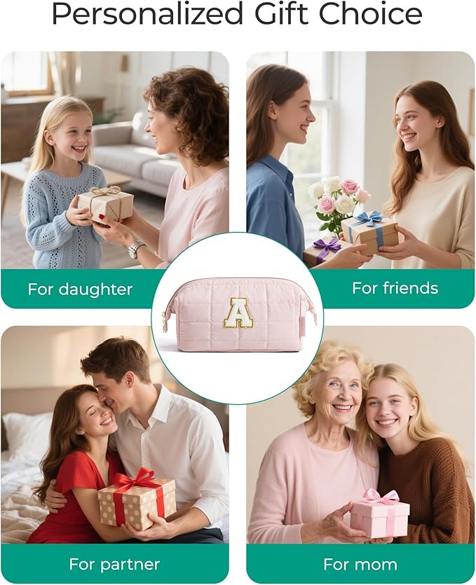 BAGSMART Birthday Gifts Personalized Initial Makeup Bag, Trendy Stuff Gifts for Women Bridesmaid Graduation, Puffy Padded Make Up Bags for Women, Wide-open Toiletry Bag, Pink S