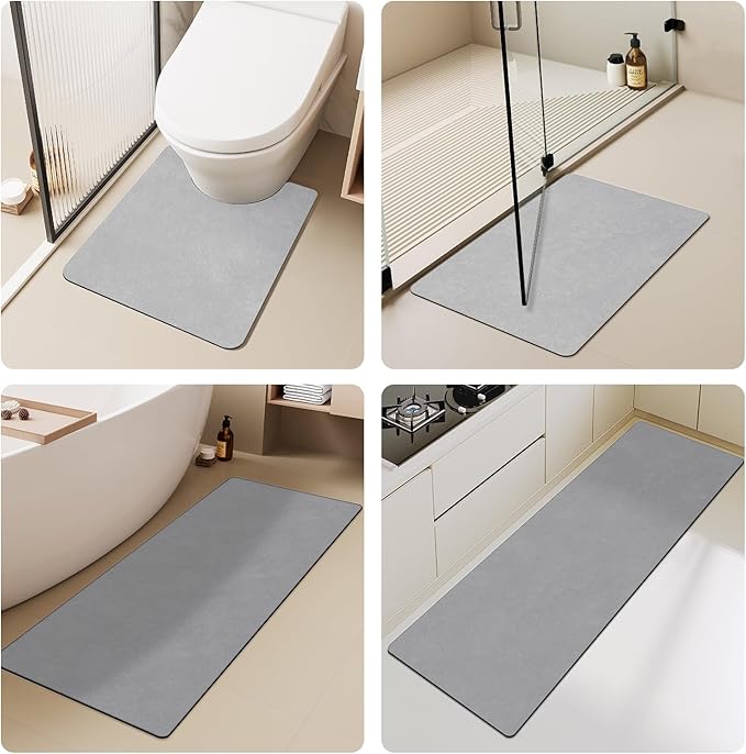 Bathroom Mat Quick Dry, Bathroom Rugs Non Slip Washable Thin Absorbent Bath Mat Fits Under Door Bathroom Floor Mat Perfect for Bath, Shower, or Sink 24"x70" Light Grey