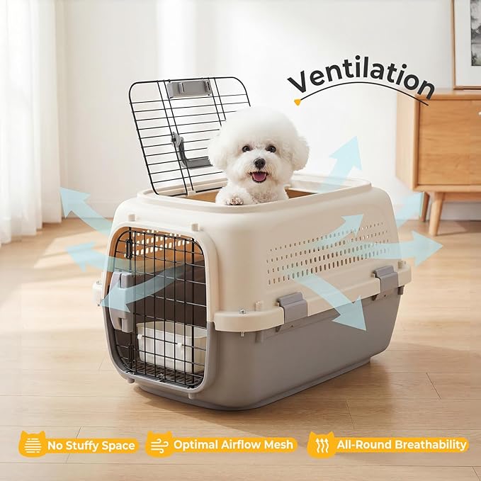 NEWBULIG 23" Hard-Sided Dog Carrier, Plastic Cat & Dog Crate, 4-Sided Ventilation Travel Pet Kennel, Top & Front Door Access, Integrated Food Bowl, for Small Pets up to 22 lbs (Beige & Grey)