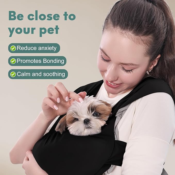 Supet Dog Sling Carrier for Small Pets, Hands Free Cat Sling, Reducing Back Neck Pain Anti-Anxiety Puppy Front, Adjustable Soft Dog Carrying (Black-2, Plus 7-15 Lbs)
