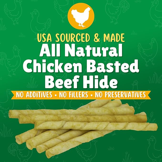 Chicken Basted Rawhide Twist Sticks Dog Treats – 25ct. Premium Rawhide Chew Sticks – Long Lasting Chicken Flavored Chews for Small Dogs Made in USA with Natural Beef Hide