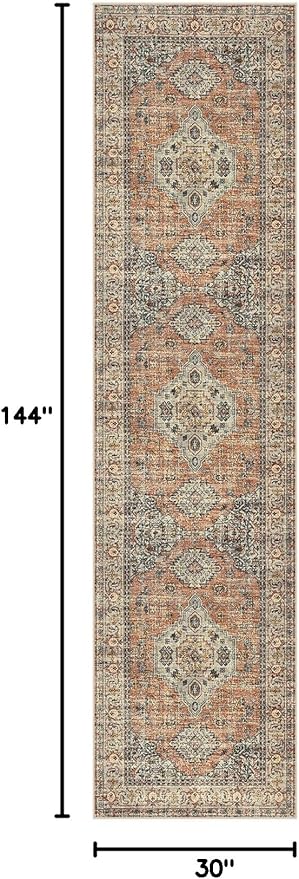Lahome Oriental Kitchen Runners for Hallways, 2.5x12 Washable Runner Rug Non Slip, Soft Hallway Rug Distressed Ultra-Thin Long Carpet for Bathroom Entryway ‎Bedroom Eleanor, Peach/Orange