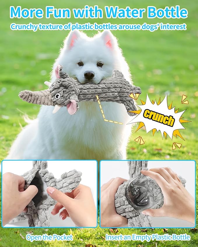 KrauzPet Dog Toys, Squeaky Plush No Stuffing Crinkle Dog Toy for Small Medium Large Dogs, Interactive Puppy Teething Water Bottle Dog Chew Toy