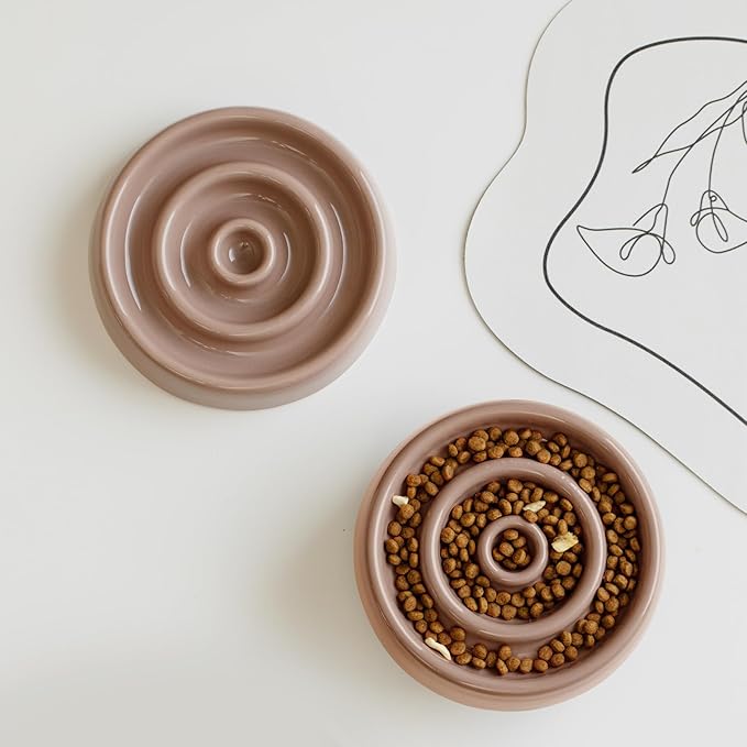 Ceramic Slow Cat Feeder Bowl for Cat, Slow Cat Food Bowl, Pet Slowe Feeder Bowl, Circle Shape. (Bowl x 2 -Brown Coffee, 6inch)