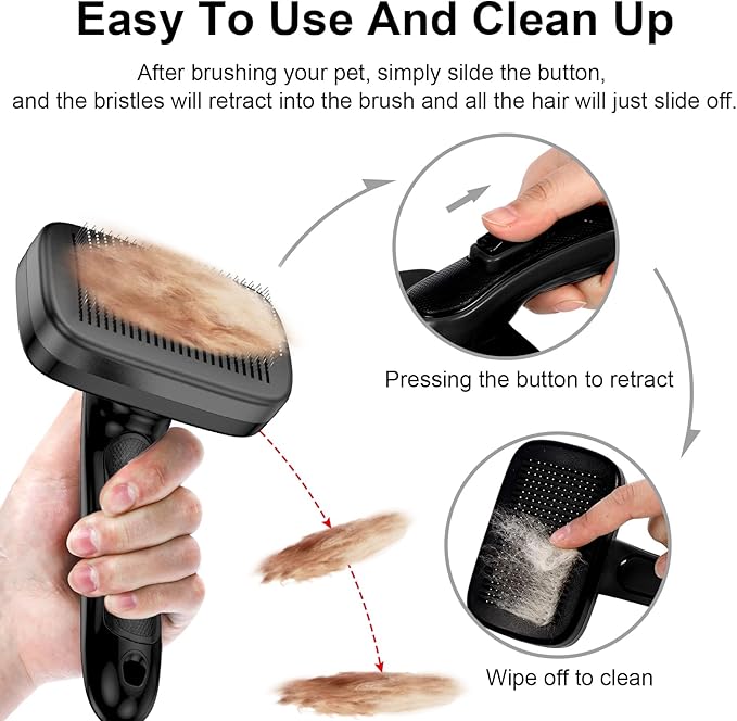 Dog Brush for Shedding & Grooming for Dogs, Cats, and Puppies - Self Cleaning Shedding Brush for Long and Short Haired Lengths Sensitive Pets, Black
