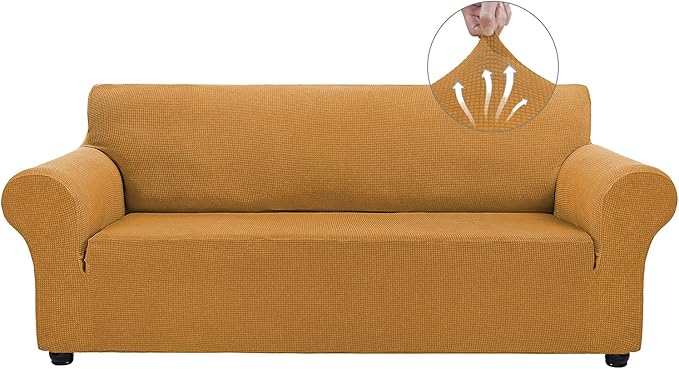 Asnomy Couch Covers for 3 Cushion Couch Stretch Sofa Covers Slipcovers, Pet Protector Furniture Covers for Dogs Cats Spandex Jacquard Fabric Small Checks （Large， Golden）