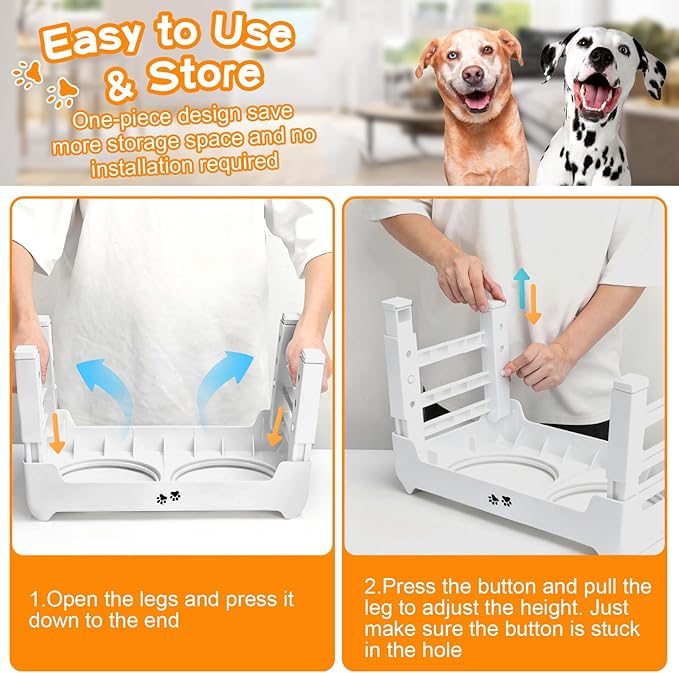COMESOON Elevated Dog Bowls, 4 Height Adjustable Raised Bowl Stand with 2 Thick 50oz Stainless Steel Food Bowls Non-Slip Feeder Adjusts to 3.7'', 9.2'', 10.75'', 12.36'' White