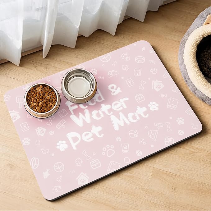 Pet Feeding Mat,Dog Cat Mat for Food and Water,Dog Bowl Waterproof Placemat with Rubber Backing,Absorbent Quick Dry Water Dispenser Mat for Pet（Pink 16"×24"）