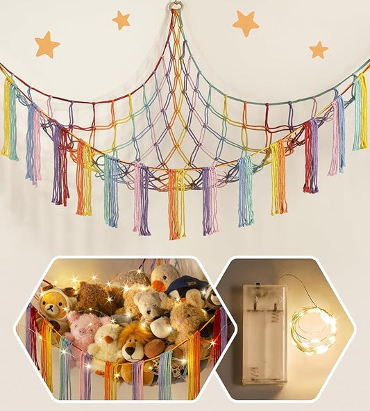 RelaxScene Stuffed Animal Storage Hammock Corner X-Large with LED Light - Baby Hammock Hanging Holder Plushies Net for Stuff Animals Organizer - Cute Room Decor Aesthetic Kids Toddler Nursery Bedroom