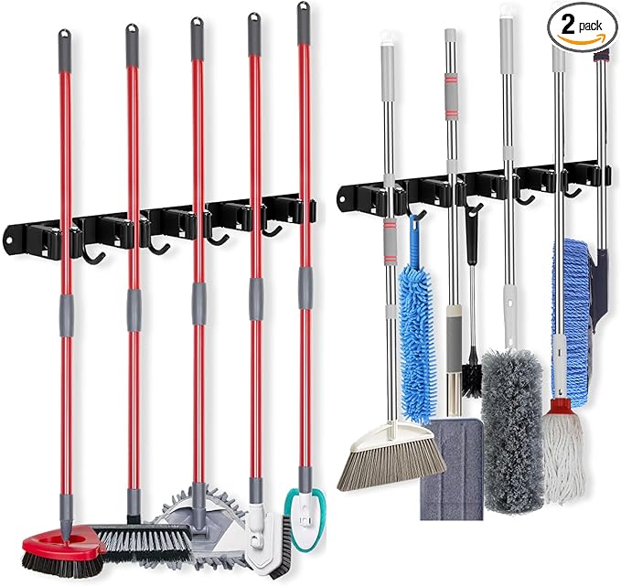 voze [2 Pack] 5 Racks and 4 Hooks Mop and Broom Holder Wall Mount, Self Adhesive Heavy Duty Broom Organizer Storage Tool Racks for Kitchen Garden Laundry Garage Black