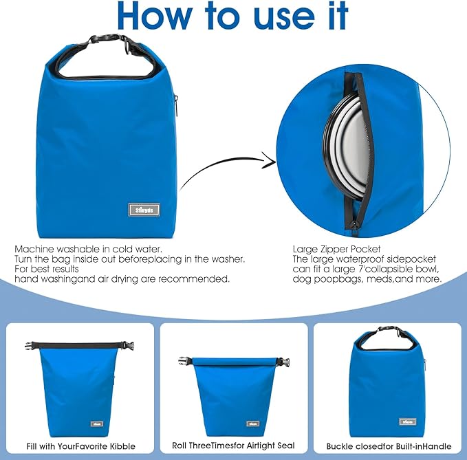 Pet Food Storage Bag,Dog Storage Organizer Bag w/2PCS Collapsible Dog Travel Bowls and Zipper Side(Blue, Small)