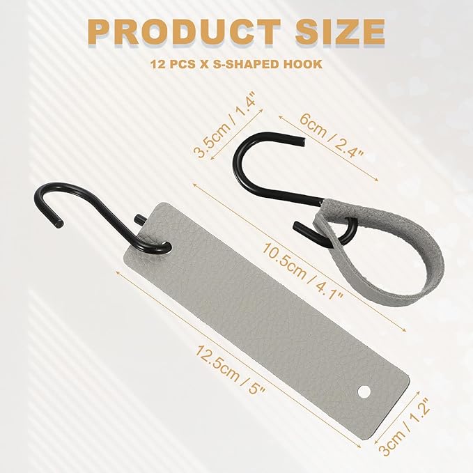 uxcell 12 Pcs PU Leather S Hooks, Multifunctional S Shaped Hooks for Hanging Coat Towel Camping Kitchen Bathroom Handle, Gray