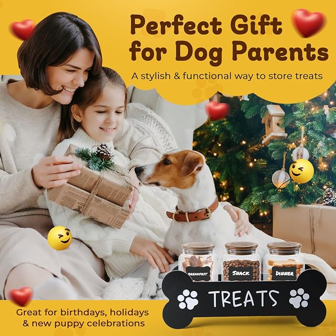 Furry Tails Co Dog Treat Container - Includes 3 Treat Jars, 1 Treat Bag, Wooden Pet Treat Holder, storage Basket, Dog Treat Station, with Reusable Sticker & Marker - Bone Shape