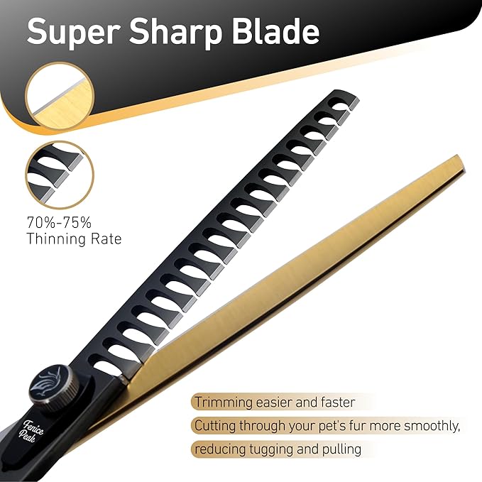 Fenice Peak 8'' Black Dog Grooming Scissors Goldern Chunker Dog Blending Scissors with Ergonomic Offest Handle and Pattern Screw Pet Grooming Thinner Blender Shears Durable and Sharp 440C